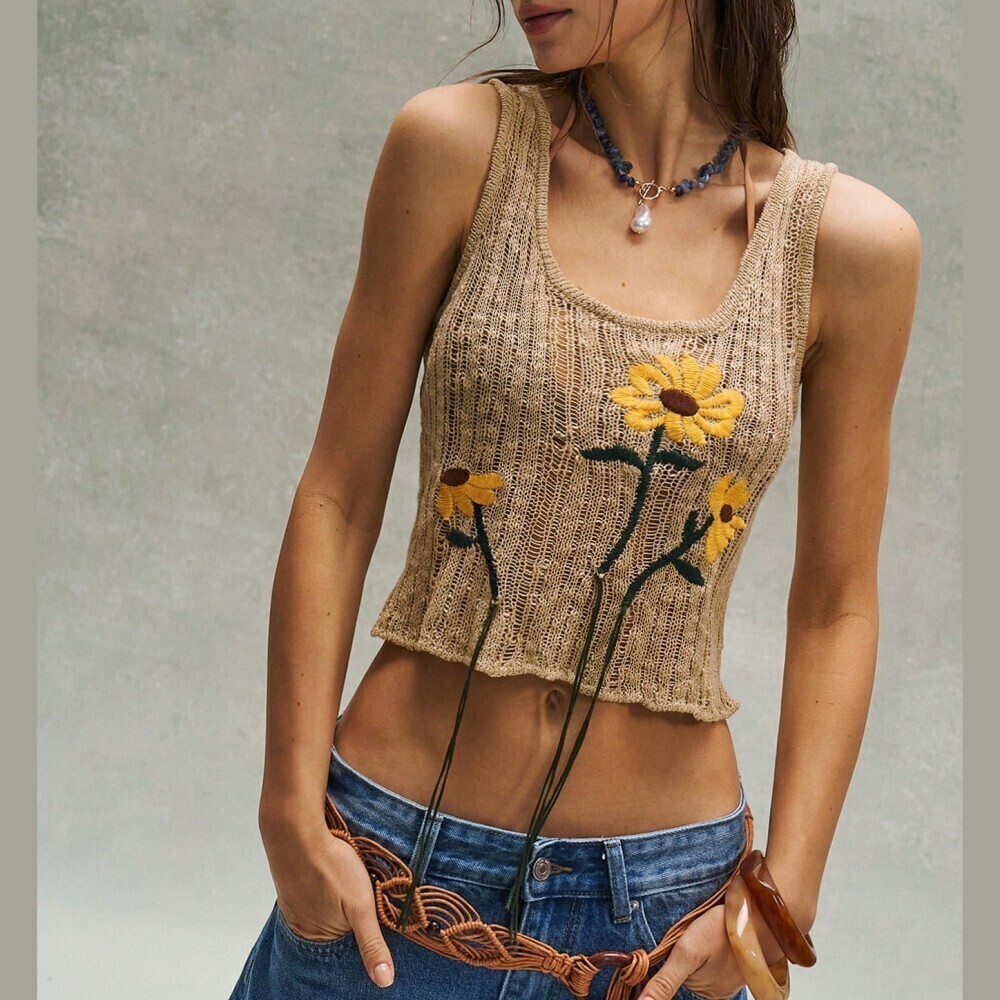 Tan Crochet Knit Tank Top with Sunflower Embroidery